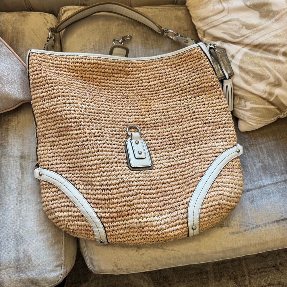 Coach Woven Straw Hobo Bag White Leather Trim Summer Tote with Scarf & Tassels - Picture 6 of 7